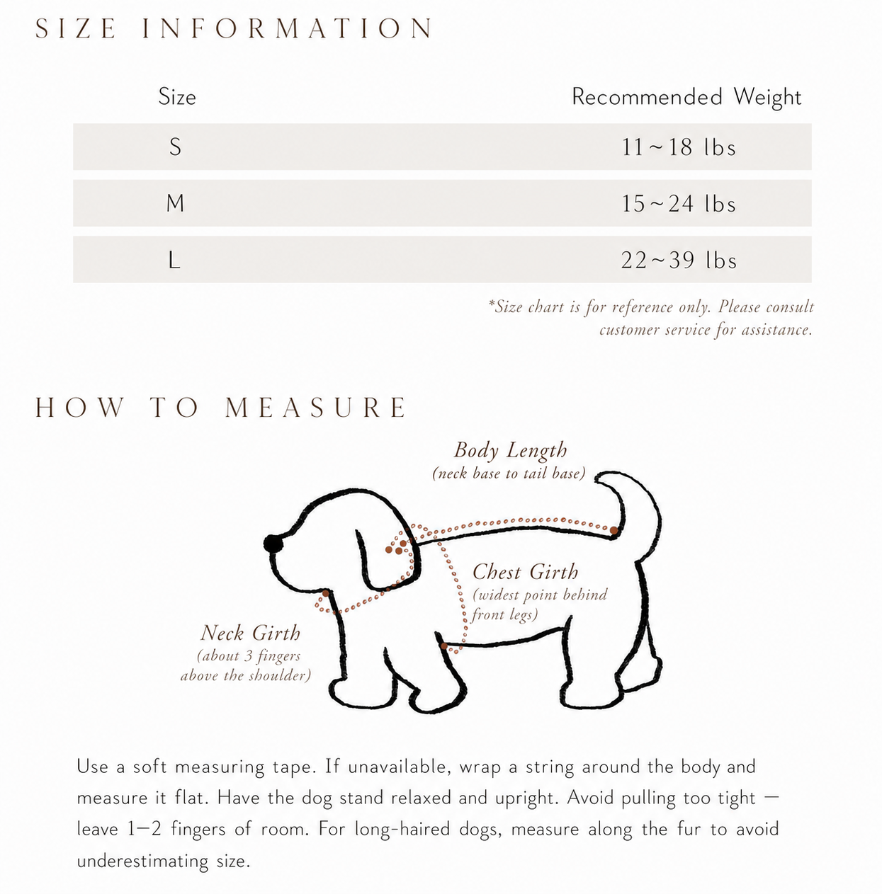 Pēnut dog size guide showing measurement points and recommended sizes