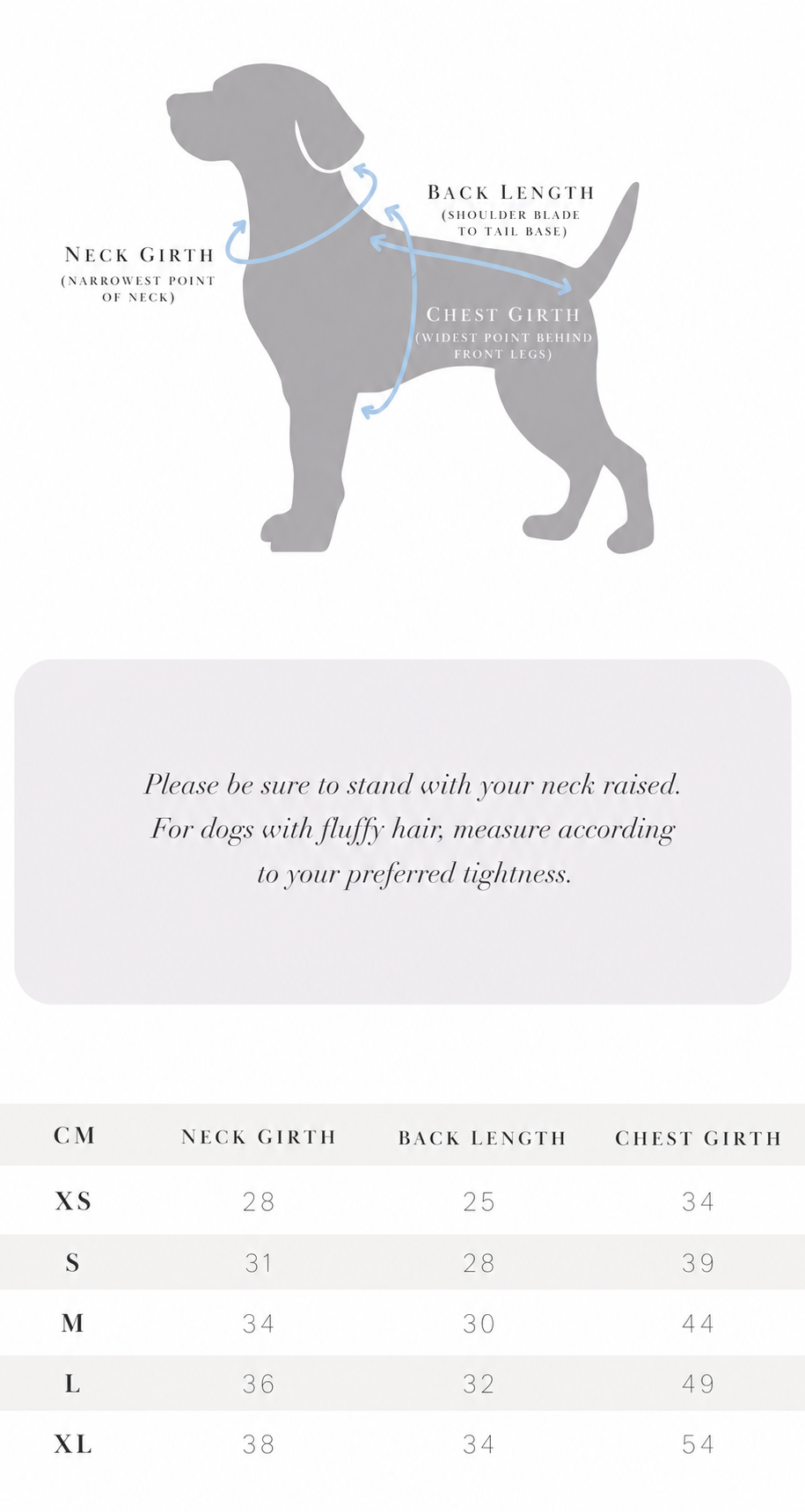 Bumble Bagel dog size guide showing measurement points and recommended sizes